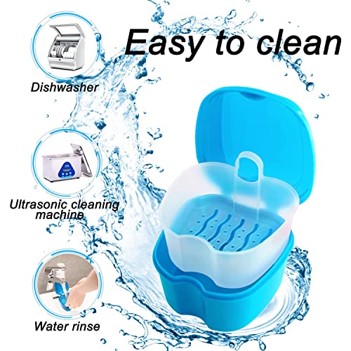Keedolla Denture Cup Orthodontic Retainer Case, Denture Bath Box Dental Mouthguard Case Cleaning with Brush, Strainer Basket and Lid Waterproof - Blue - color: Blue