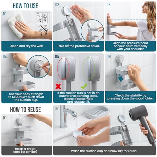 TAILI Soap Holder, Soap Dish for Shower Suction Cup, Bar Soap Holder, Grey | 2 Layer Removable Soap Holder Shower, Soap Tray for Shower Wall, No drill Sponge Holder, Bathroom & Kitchen, Bath Accessories - color: Grey, size: 2 Tier