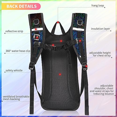 Hydration Backpack, Water Backpack with 2L Hydration Bladder, Rave Backpack Hydration Pack, Festival Essential for Raves, Hiking, Cycling, Climbing, Running, Outdoor, Camping and More - color: Holographic - Black