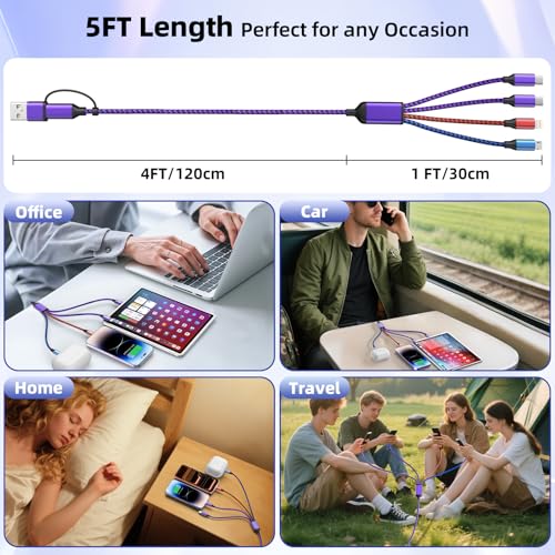 USB C/A Multi Charger Cable, 4 in 2 Charging Cords for Multiple Devices | 2 Pack 5FT Multi Charger Cable with 2 Type-C, IP, Micro USB Cable, Phone Charger Cord for iPhone 17-8, Android, iPad, Galaxy - color: Black_Purple