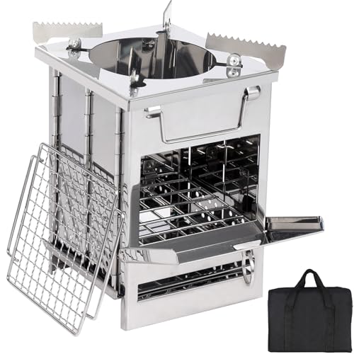Portable Folding Camping Wood Stove for Outdoor Cooking, Sturdy Lightweight 304 Stainless Steel Wood Burning Camp Stove with Grill for Backpacking BBQ Small/Large (Small Grid and Pot Stand) - size: Small with Grid and Pot Stand