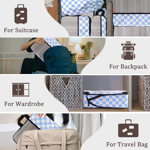 U+U 6 Set Compression Packing Cubes, Travel Organizers (Blue Checkered) | Space-Saving & Drawstring Bag Included - color: Blue Checkered, size: 6 Set