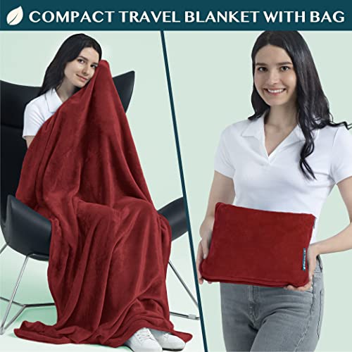 PAVILIA Travel Blanket Pillow, Soft Airplane Blanket 2-in-1 Combo Set, Plane Blanket Compact Packable, Flight Essentials Car Pillow, Travelers Gifts Accessories, Luggage Backpack Strap, 60x43 Red - color: Wine