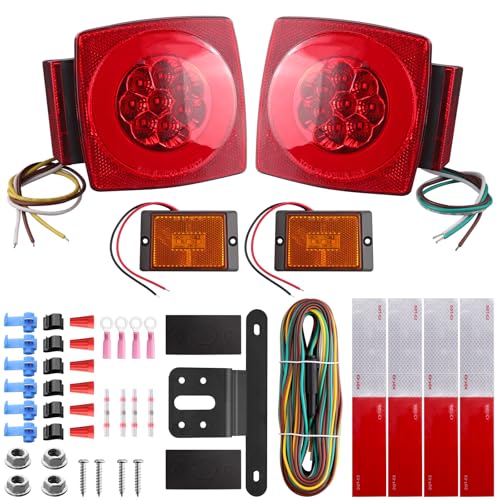 Justech Submersible Square LED Trailer Light Kit, 12V Red White | IP68 Waterproof, DOT Compliant, Stop, Turn, Tail, Brake and Running Light for Boat Trailers, Trucks, RVs and Campers