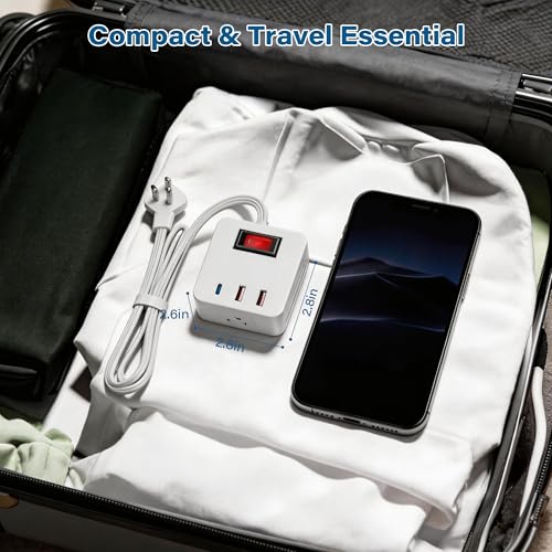 Outdoor Power Strip Cube 6 Ft, IPX4 Waterproof 3 AC Outlet Widely Spaced with 2 USB-A & 1 USB-C PD 20W Charging Station, Low Profile 45 Degree Flat Plug Extension Cord Wall Mountable, ETL-White - size: 6FT