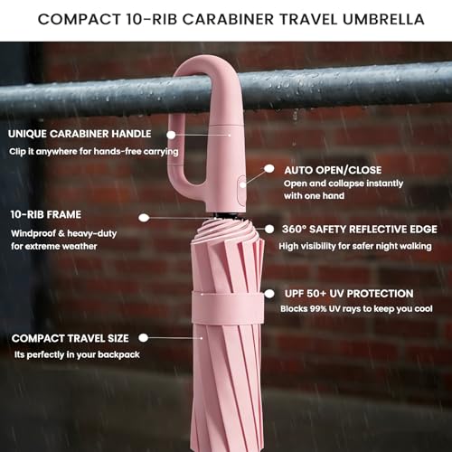 SIEPASA Travel Umbrella with Carabiner Handle - Windproof 10 Ribs Auto Open/Close for Rain & Sun Protection, Compact Portable Clip-on Backpack Design with Safety Reflective Strip. - color: UV-Light Pink