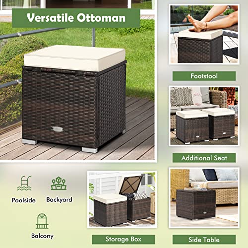 HAPPYGRILL 2 Pieces Patio Ottoman Set Outdoor Wicker Stool with Storage, Rattan Footrest Ottoman with Solid Metal Frame and Cushion for Backyard Poolside Garden Balcony - color: Off White