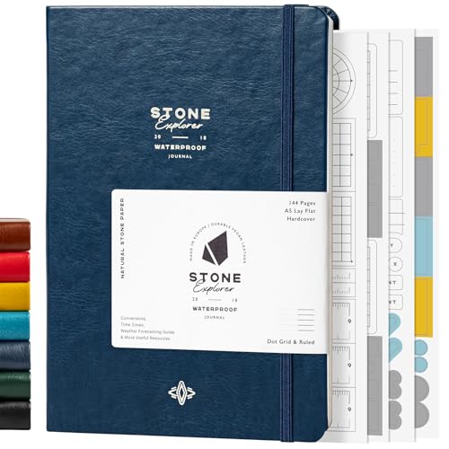 Stone Journal Explorer Notebook – A5 Waterproof Paper Field Journal, Vegan Leather Hardcover, 144 Pages Alternating Ruled & Dot Grid, Back Pocket, Weather-Resistant (Navy Blue) - color: Navy Blue
