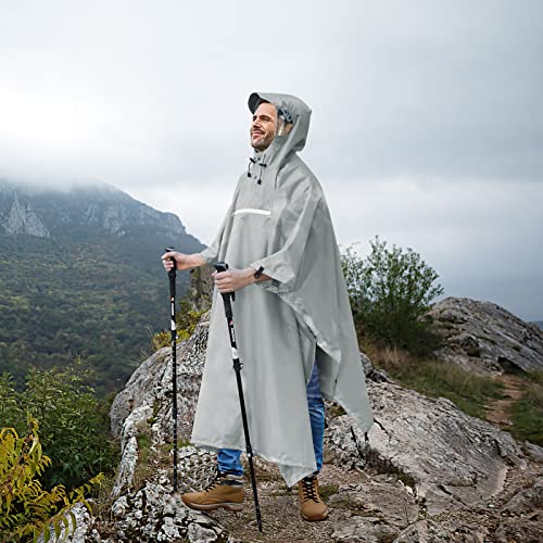 Andake Waterproof Rain Poncho for Adults Unisex,230T Ripstop Polyester,Raincoat Gear with Transparent Viewing Window Outdoors - color: Grey