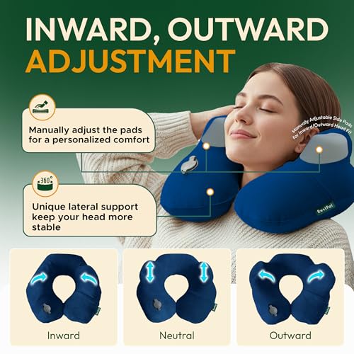 Inflatable Travel Neck Pillow with Adjustable Memory Foam Sides | Lightweight, Soft & Portable Support (Navy Blue, Standard) - color: Navy Blue