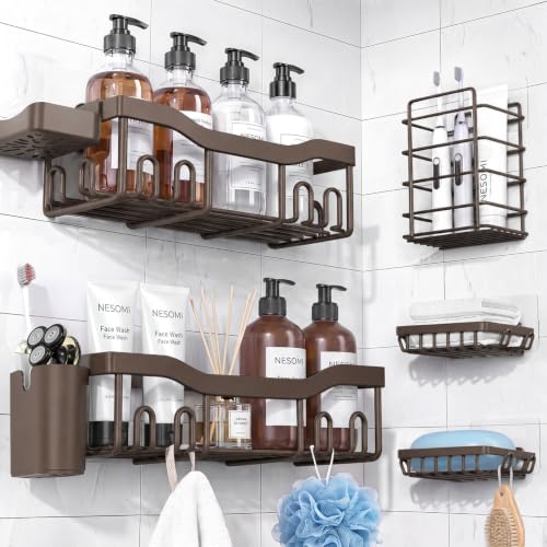 NESOMI Shower Caddy Adhesive Shower Organizer 7-Pack, Rustproof Stainless Steel Bathroom Shelves, Large Capacity No-Drill Rack Storage Accessories with Soap Dish Toothbrush Holder Hooks - color: Brown, size: 7-Piece Set