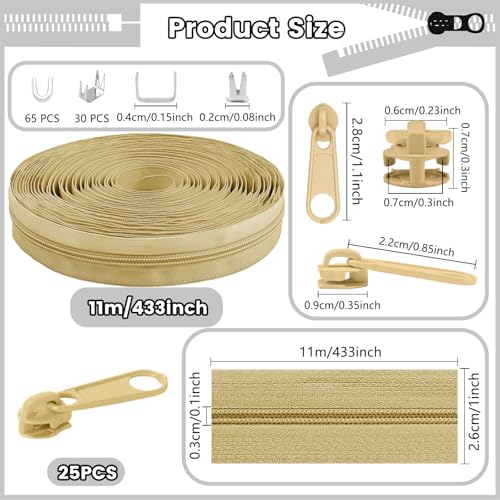 DOITEM 12 Yards Nylon Coil Zipper by The Yards, #3 Bulk Zippers for DIY Sewing Craft Bags with Replacement 25PCS Sliders (Beige, #3) - color: Beige, size: #3