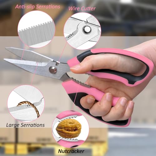 Utility Scissors Heavy Duty, Ultra Sharp Blade Shears, Comfortable Non-Slip Handle, Multipurpose Stainless Steel Scissors For Cutting Cardboard, Fabric, Carpet, Leather, Wire - color: Pink Set