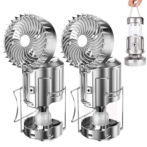 Camping Lantern with Fan, Flashlight Lantern Collapsible-USB Rechargeable, Solar & Battery Powered Camping Lampp for Picnic, Barbecue, Fishing, Travel Rechargeable Emergency Light (2Pack Sliver) - color: 2Pack Sliver