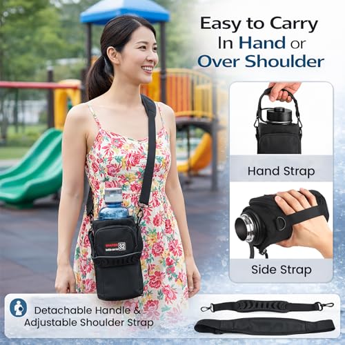 32 oz Insulated Water Bottle Holder with Strap & Pocket for Walking - color: Black-1, size: 32oz