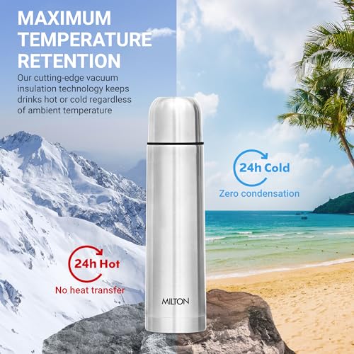 Milton Flask 34 oz Insulated Water Bottle with Cover, Flip Lid, Thermosteel | Stainless Steel, Double Wall Vacuum Insulation, Keeps Drinks Hot & Cold up to 24 Hours, Leak Proof, Silver - size: 34 oz