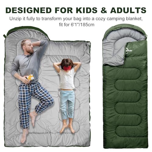 Sleeping Bags for Adults Cold Weather & Warm - Backpacking Camping Sleeping Bag Girls Boys - Lightweight Compact with Compression Sack - color: 50-80°F Everyday 3 Season-Green