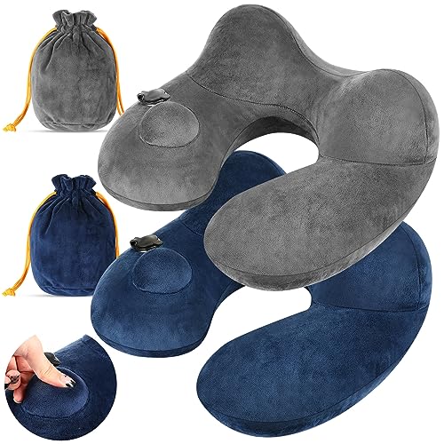 Xtinmee 2Pcs Self-Inflatable Pillow Soft Airplane Travel Pillow with Compact Bag for Long Flight Neck Cushion for Head Support Car Home Office 12.2x11.81x5.91in(Gray, Blue) - color: Gray, Blue