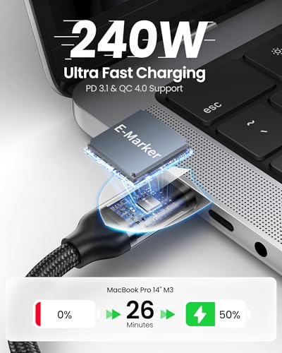 Silkland 40Gbps USB 4 for Thunderbolt 4 Cable 6.6FT, 8K/Dual 4K, 240W PD3.1 | 4K@240Hz, MST Support, Braided USB C Video Cable Compatible for MacBook, iPhone 17/16, Monitor, SSD, iPad, Dock - size: 6.6FT