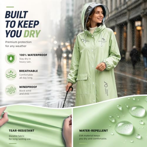 Women's EVA Raincoat, Waterproof Hooded Long Rain Poncho - color: Green, size: Large