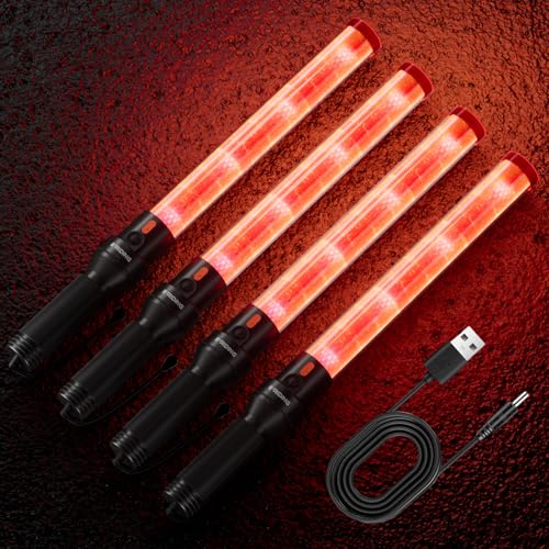 E-riding 4 Pack 16 Inch Rechargeable Red Traffic Wand with 2 Flashing Modes | Traffic Control Baton for Airport, Parking, Car Directing - size: 4 Pack