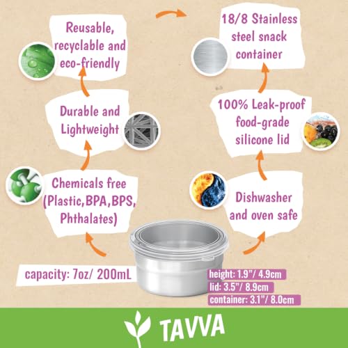 TAVVA 4 X 7oz Stainless Steel Snack Cups, Metal Lunch Boxes, Leakproof Lids | BPA free, 304 steel, silicone lids, dressing and dip cups, portable and reusable, lightweight, dishwasher and freezer safe - size: 7oz [Clear]