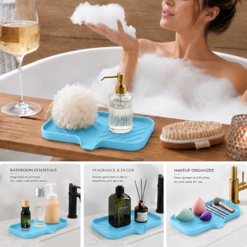 MicoYang Silicone Soap Dish with Drain Spout — Self-Draining Sink Organizer Tray for Bathroom & Kitchen, Sponges, Dispensers & Soap Holder, Non-Slip & Dishwasher Safe, Light Blue (Medium, 9.6"×5.3") - color: Light Blue, size: M(9.6"×5.3")