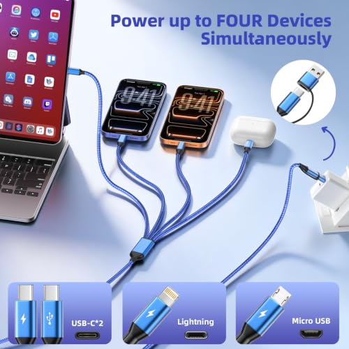 4 in 2 USB A/C Multi Charging Cable, Charging Cords for Multiple Devices | 2 Pack 5FT Multi Charger Cable with 2 Type-C, IP, Micro USB Cable, Phone Charger Cord for iPhone 17-8, Android, iPad, Galaxy - color: Blue