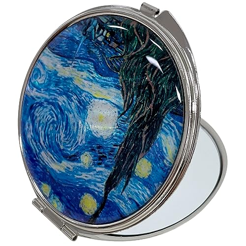 Portable Makeup Compact Double Magnifying Mirror Cosmestic Foldable Pocket Style Unique Mother of Pearl Design (Starry Night) - color: Starry Night