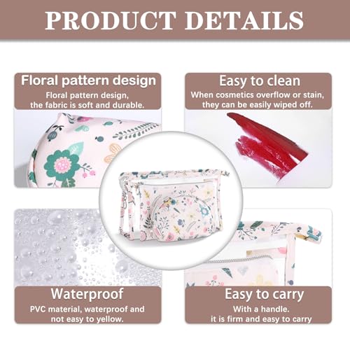 Richeart Makeup Bag, Clear Bag with Zipper, 3PC Floral Flowers Makeup Pouch, Waterproof Small Pouch, Portable Travel Toiletry Bag, C - style: C