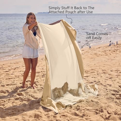 WEKAPO Beach Blanket Sandproof Waterproof, Extra Large Beach Mat, Oversized & Compact Sand Free, Quick Drying Beach Essentials for Vacation, Cruise, Picnic & Camping with Stakes - color: Beige, size: 9x7 FT (1～5 person)