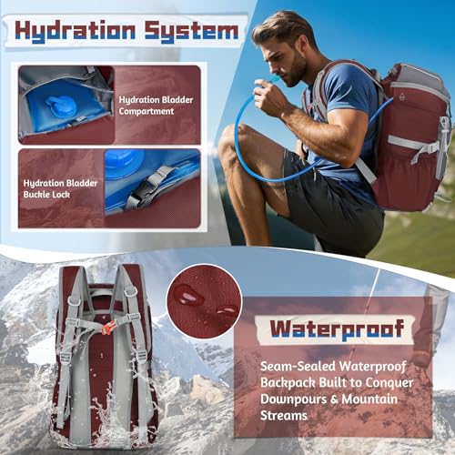 RAINSMORE Foldable Hiking Backpack for Women Men Packable Camping Backpack 40L Waterproof Hiking Daypack Bag Lightweight Collapsible Daypack for Travel Trekking Mountaineering Large Capacity Red - color: Dark Red and Grey