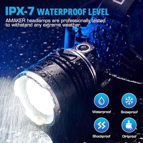 AMAKER LED Headlamp Rechargeable 99000 High Lux, Head Lamp with 12 Modes, IPX7 Waterproof USB Rechargeable Headlight, Zoomable Headlamp for Adults, 90° Adjustable for Camping Hunting