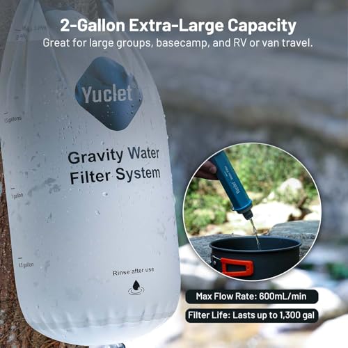 Yuclet Gravity Water Filter System for Hiking, Camping, Travel, and Emergency Preparedness (1 Gravity Bag, 3 Water Filter Straw, 1 Squeezable Water Pouch)