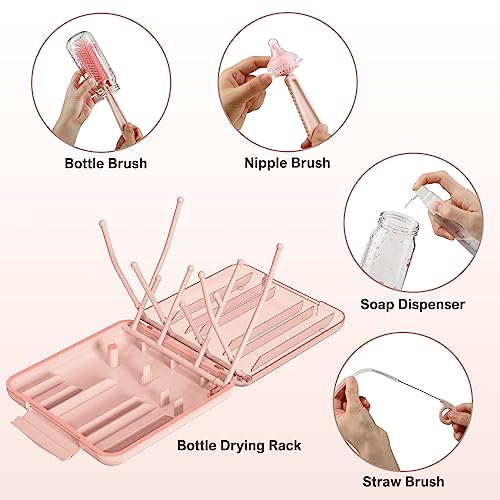 6 in 1 Baby Bottle Cleaner Set with Drying Rack,Silicone Baby Bottle Brush,Straw Brush,Nipple Brush,Soap Dispenser and Storage Box, Portable Baby Essentials for Home&Travel(Pink) - color: Pink