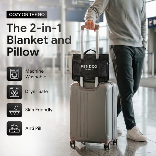 2-in-1 Travel Blanket and Pillow – Lightweight, Compact, Ultra Soft, Machine Washable – Handle, Luggage Sleeve, Backpack Clip – for Travel Airplane, Car, Office (Black) - color: Black