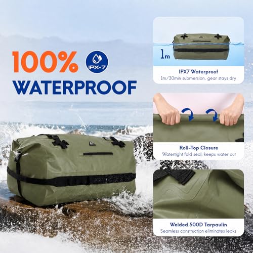 Haimont IPX7 Waterproof Roll-Top Dry Duffel Backpack | 60L/90L Sizes, 500D Tarpaulin, Welded Seams, Mesh Pockets, Boating & Kayaking - color: Army Green, size: 60L