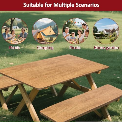 6ft 72in Picnic Table and Bench Cover, 3 Pack, Wood Grain | Drawstring Bag, Waterproof Windproof, Elastic Fitted Edges Tablecloth, for Rectangle Table & Seat, Camping Essentials RV Gear - color: Wood Grain, size: 72"