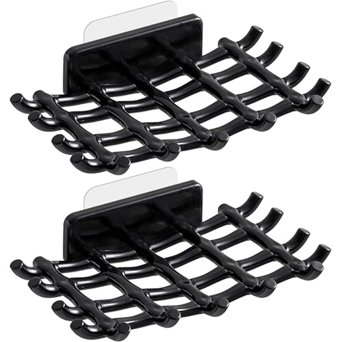 Shower Soap Holder for Wall, Adhesive Bar Soap Dish with Self Draining Grid, Side Hooks and No Drilling Mount, Black, 2 Pack - color: Black