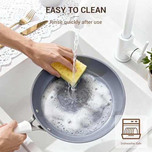 Ammeloo 15-Piece Ribbed Ceramic Cookware Set, Pots and Pans Set Non Stick, Induction Ready, Healthy Non Toxic Kitchen Cooking Set PFAS/PFOA/PTFE-Free, Silicone-wrapped Stay-Cool Handle - color: Cream White