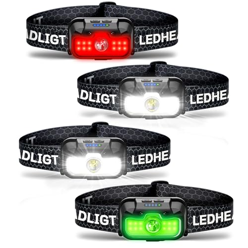HOKOILN 4-Pack 1300LM LED Headlamp Rechargeable with Green & Red Light - color: Cool Black, size: 4 Packs