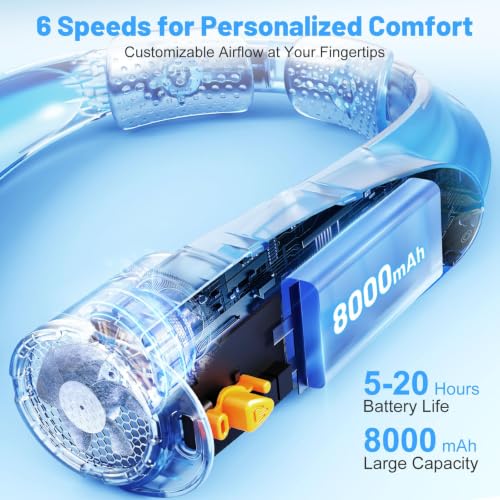 Portable Neck Fan with 6 Powerful Speeds, 8000mAh Battery Rechargeable Fan - color: Black