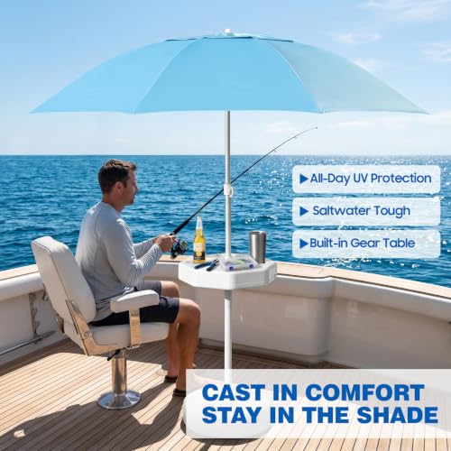Boat Umbrella with Table, Portable Boat Shade with Sand Fill Base, UPF 50+ Pontoon Canopy for Fishing Boats, Ski Boats & Cruisers, Boat Seat Umbrella with 4 Cup Holders for Pool Deck Patio