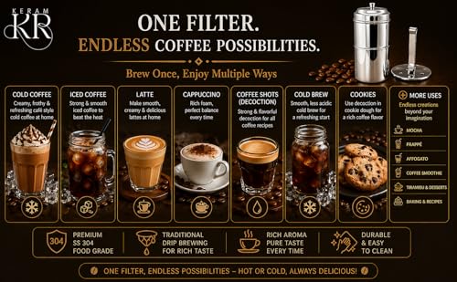 South indian filter coffee maker indian style 5.1 oz (150 ml) | KERAM indian coffee filter 304 stainless steel coffee dripper reusable phin filter decoction maker pour over alternative - size: 150 ml