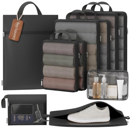 10 Set Compression Packing Cubes for Travel Essentials Luggage, Mesh Collapsible Packing Cubes for 26 Inch Luggage, Expandable Travel Packing Organizers with Shoe Laundry Bag (Black, 26") - color: Black, size: 10 Set (For 26" Luggager/Large)