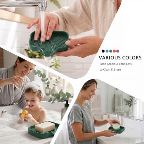 MicoYang Silicone Soap Dish with Drain Spout, Self-Draining Sink Organizer Tray for Bathroom and Kitchen, Sponges, Dispensers and Soap Holder, Non-Slip and Dishwasher Safe, Green (Compact, 4.9"×3.2") - color: Green, size: S(4.9"×3.2")