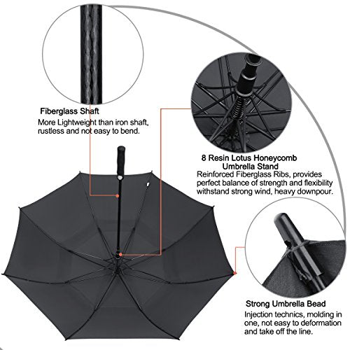 G4Free 47/54/62/68/72 Inch Golf Umbrella Windproof Auto Open Large Umbrella | Oversized Stick Umbrella, Extra Large, Vented Double Canopy, Waterproof 210T Pongee Fabric, Fiberglass Frame, EVA Foam Handle - color: Black, size: 47 inch