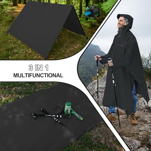 Andake Waterproof Rain Poncho for Adults Unisex,230T Ripstop Polyester,Raincoat Gear with Transparent Viewing Window Outdoors - color: Black