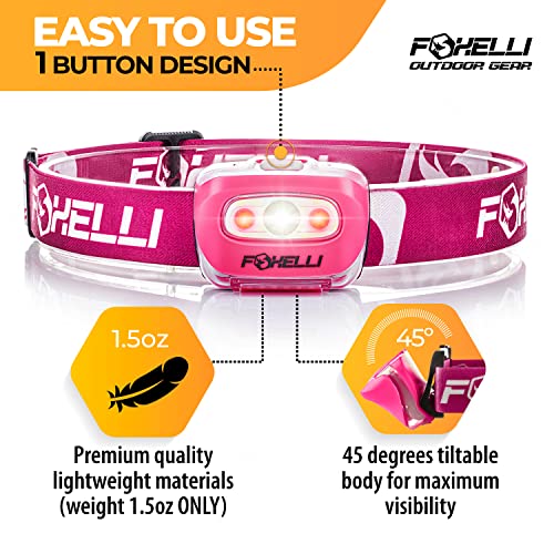 Foxelli LED Headlamp Flashlight for Adults & Kids, Running, Camping, Hiking Head Lamp with White & Red Light, Comfortable Headband, Lightweight & Waterproof, 3 AAA Batteries - color: Neon Pink