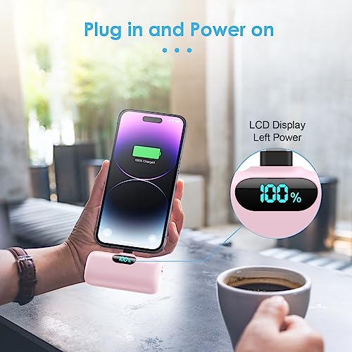 Mini Portable Charger USB C Power Bank,Upgraded 5000mAh PD Fast Charging Battery Pack Built-in USB-C Connector Travel Essential for iPhone17/17Pro/17Pro Max/Air/16 Plus/16Pro Max/15 Series,Android etc - color: Pink